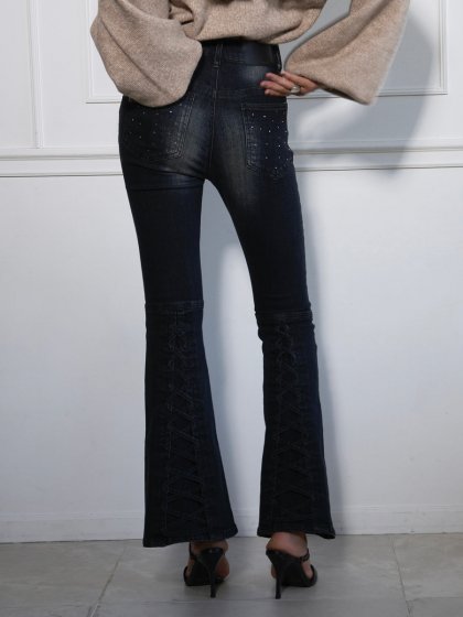 裾レースアップフレアパンツ