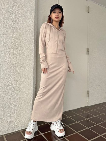 フロントジップリブフーディワンピース